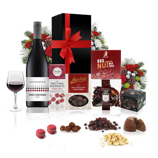 Red Wine, Nibbles & Pudding Gift Hamper Three Vineyards Shiraz