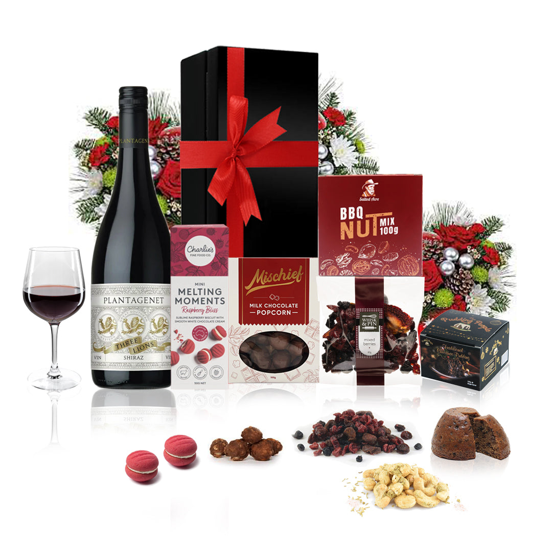 Red Wine, Nibbles & Pudding Gift Hamper Plantagenet